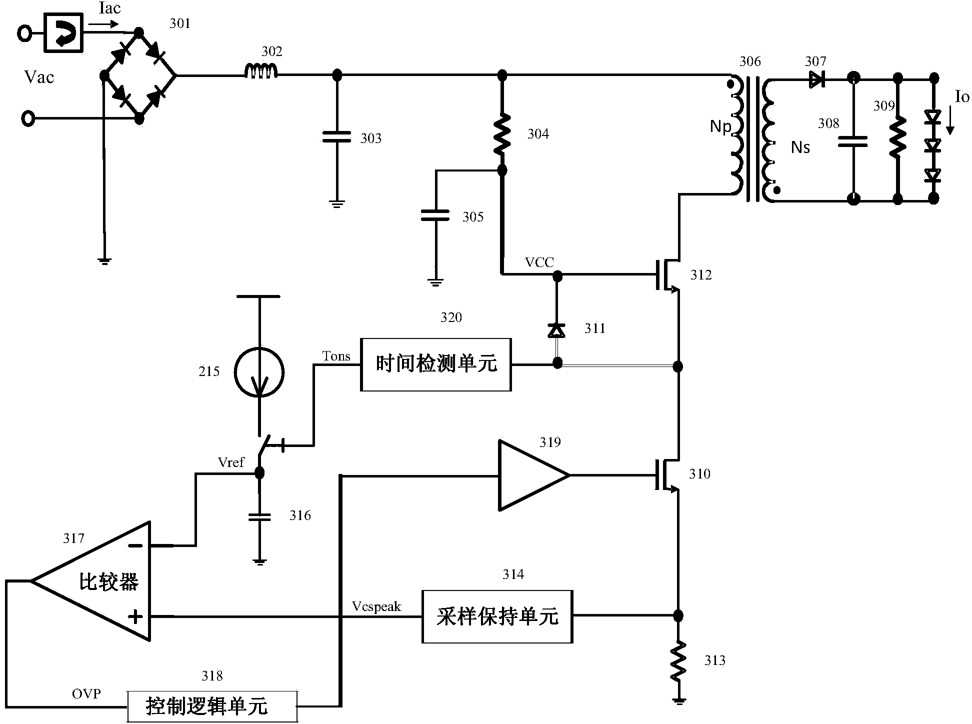 Overvoltage protective circuit in LED driving power supply without auxiliary winding
