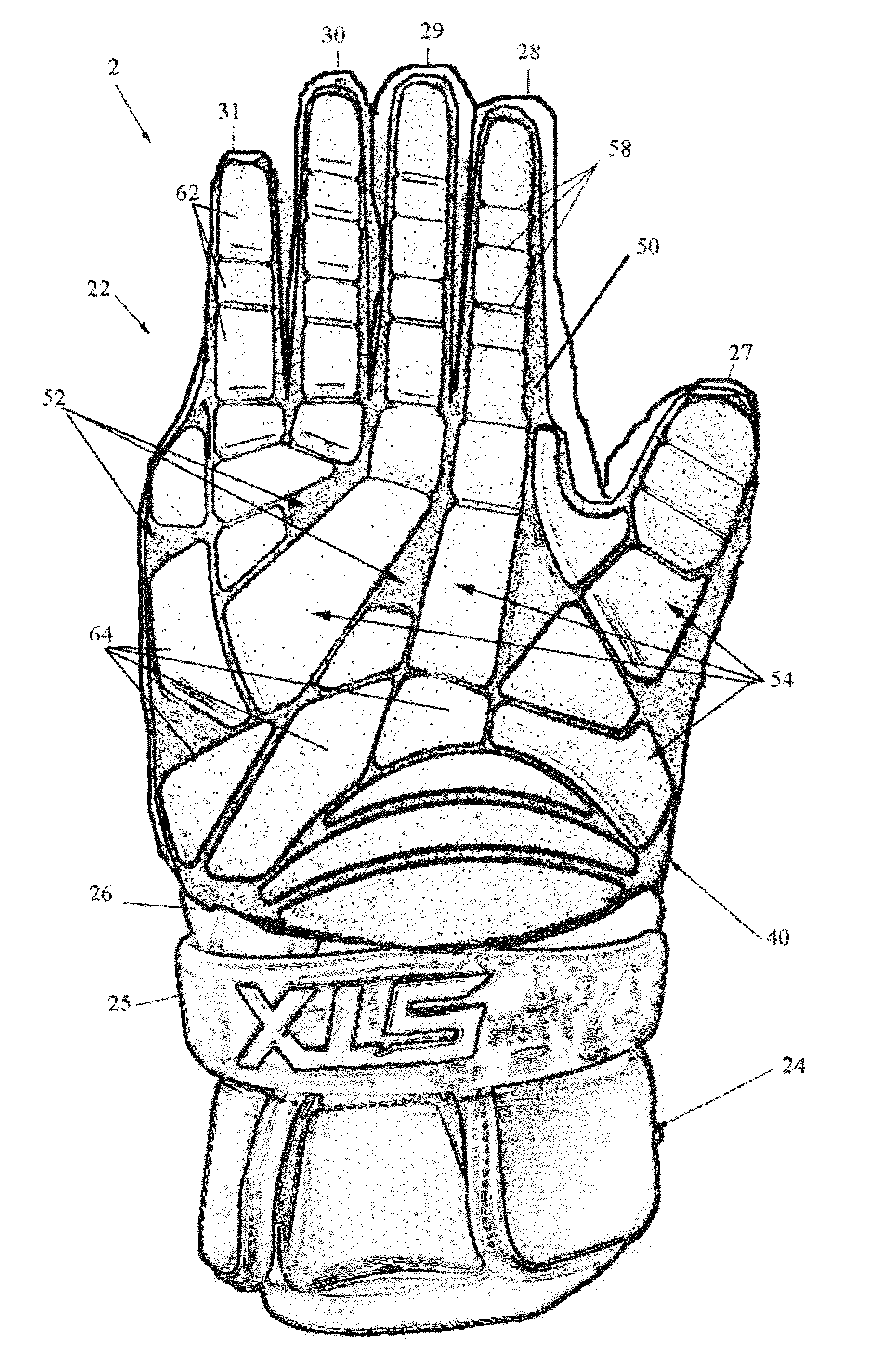 Stitchless dorsal padding for protective sports gloves and other protective gear