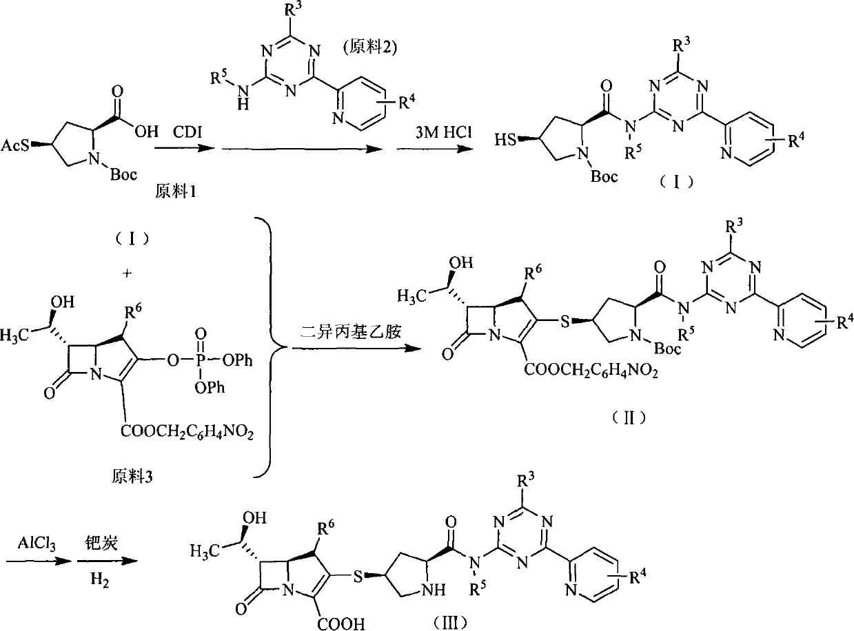 Penem derivative containing sulfhydryl pyrrolidine formamido triazine