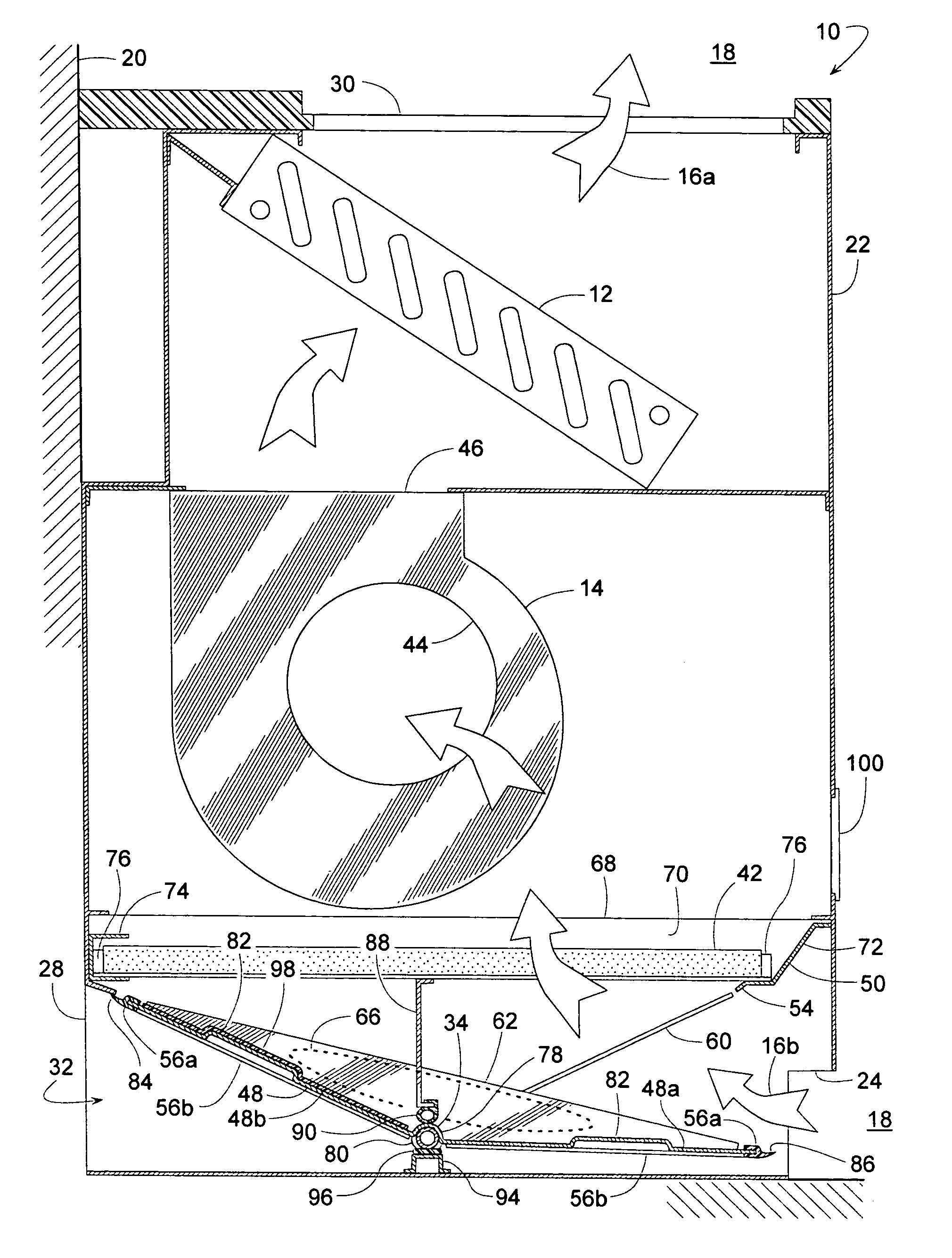 Unit ventilator having a splitter plate and a pivoting damper blade assembly