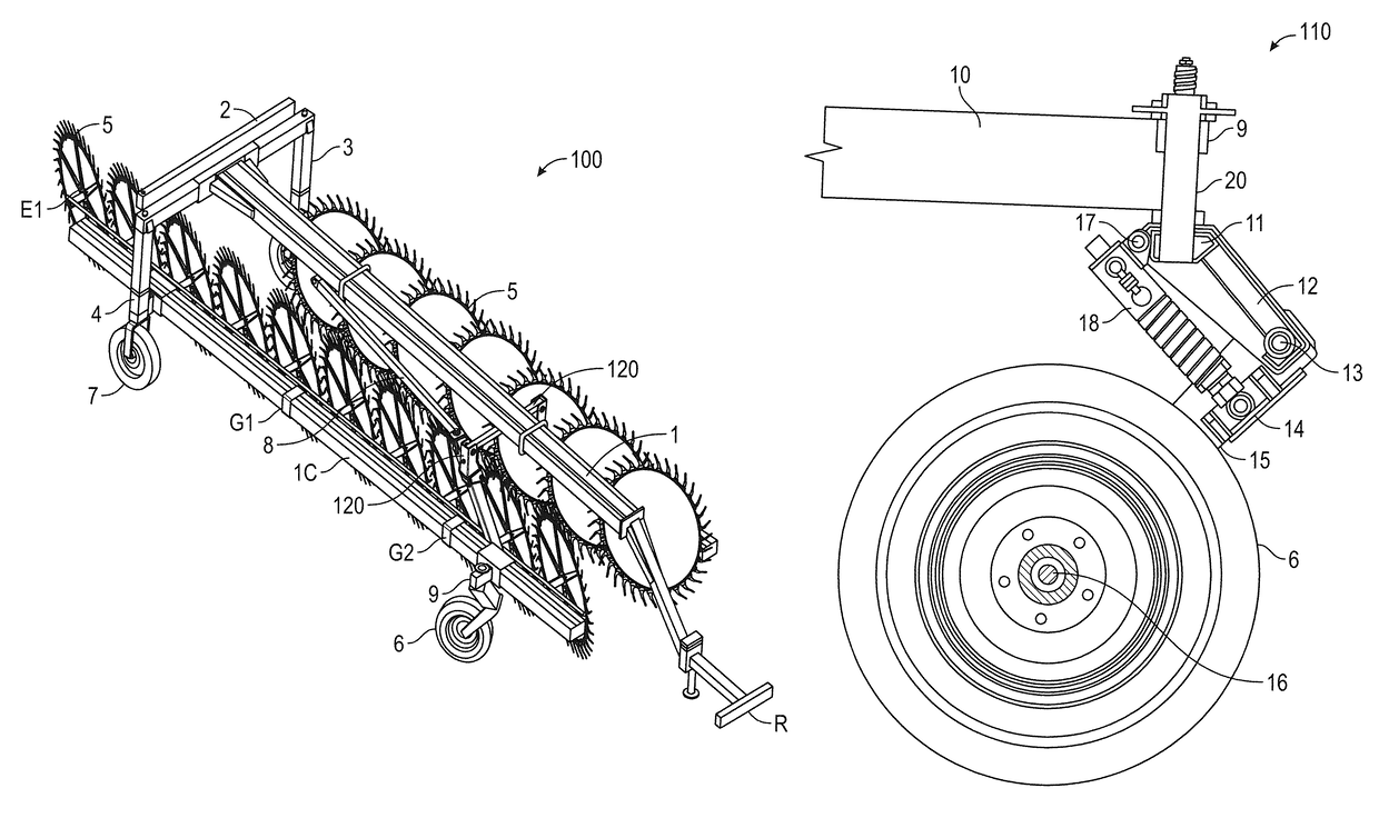 Swather with a single or double raking frame, device for arms with wheel rakes and corresponding wheel rakes