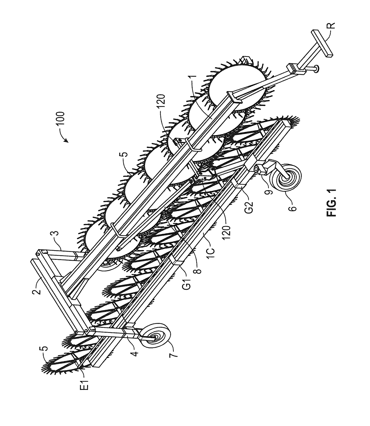 Swather with a single or double raking frame, device for arms with wheel rakes and corresponding wheel rakes