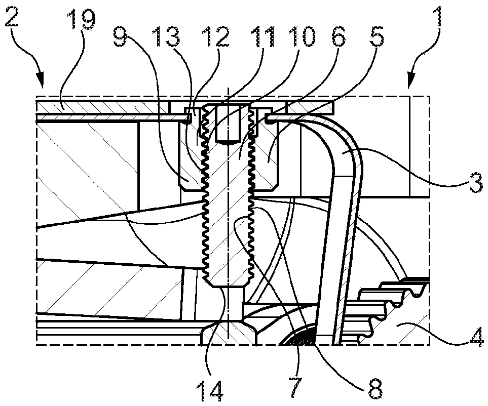Wear compensation device having a pre-fixed threaded pin, clutch and assembly method