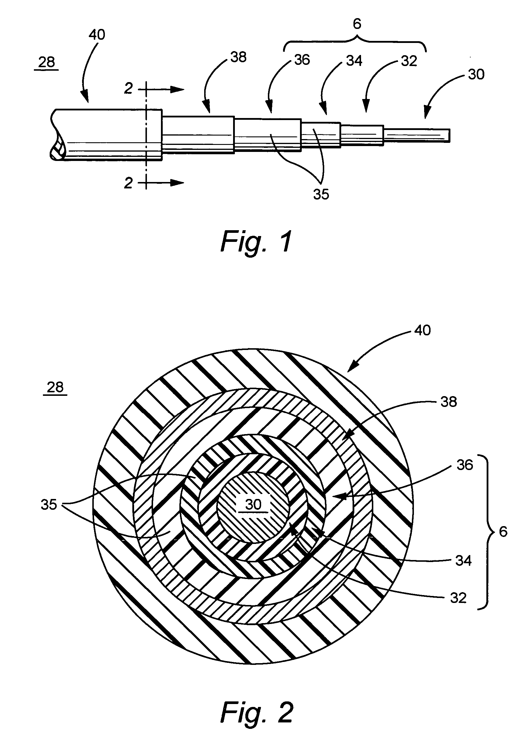 Multi-axial electrically conductive cable with multi-layered core and method of manufacture and use