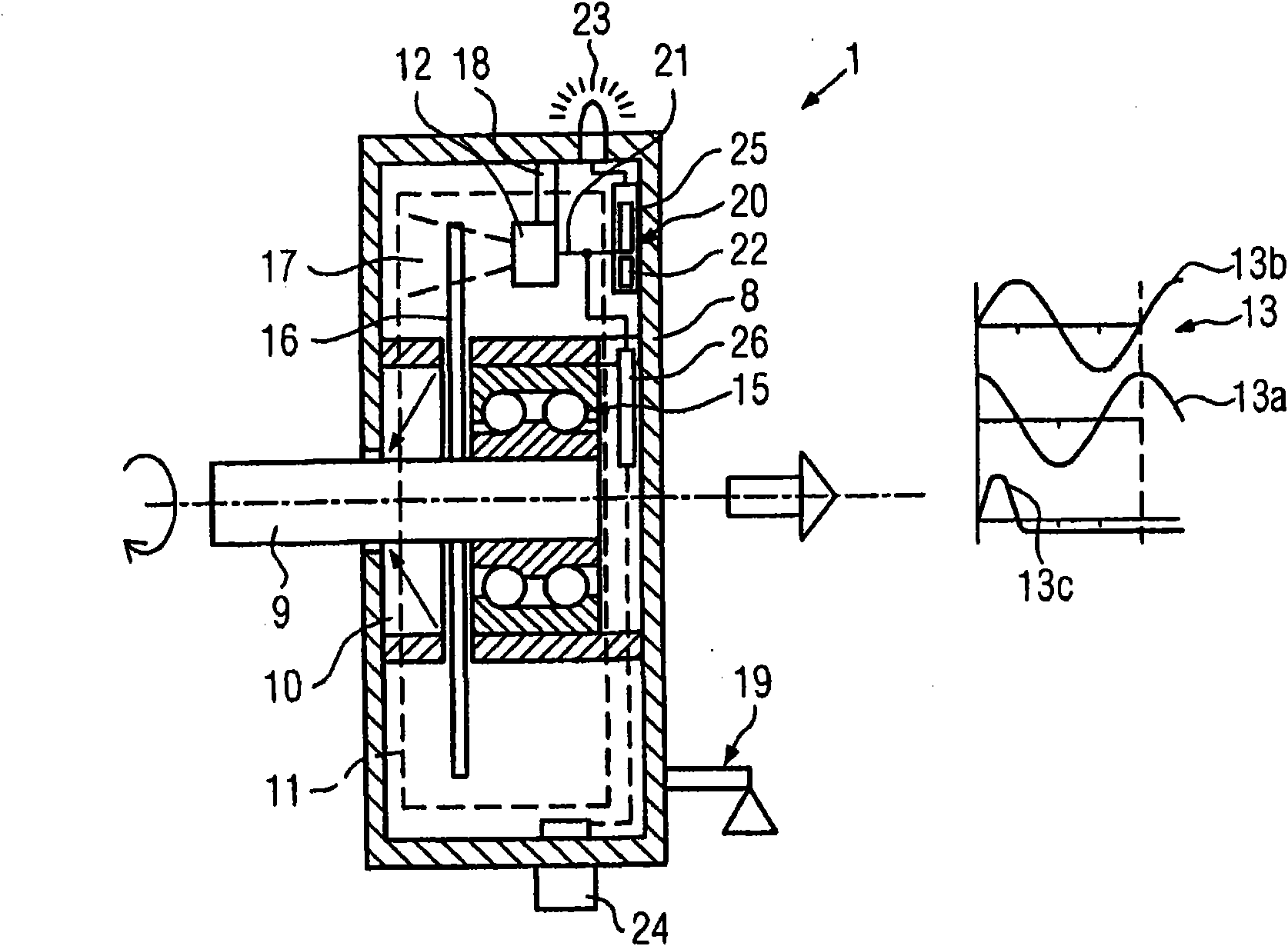 Rotary transducer with monitoring of the bearing wear and method therefor