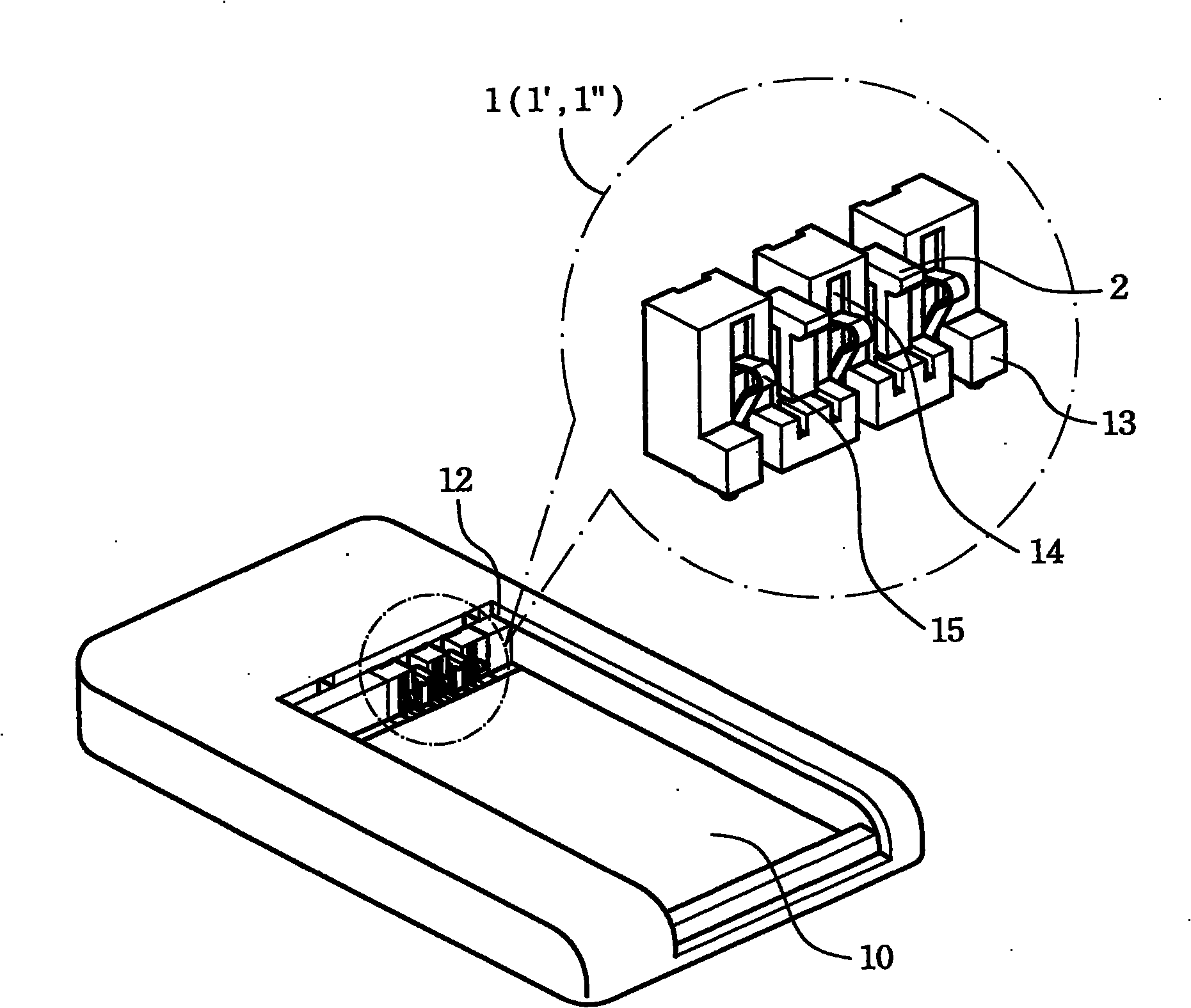 Battery connector/connector terminal module and assembling method therefore with battery