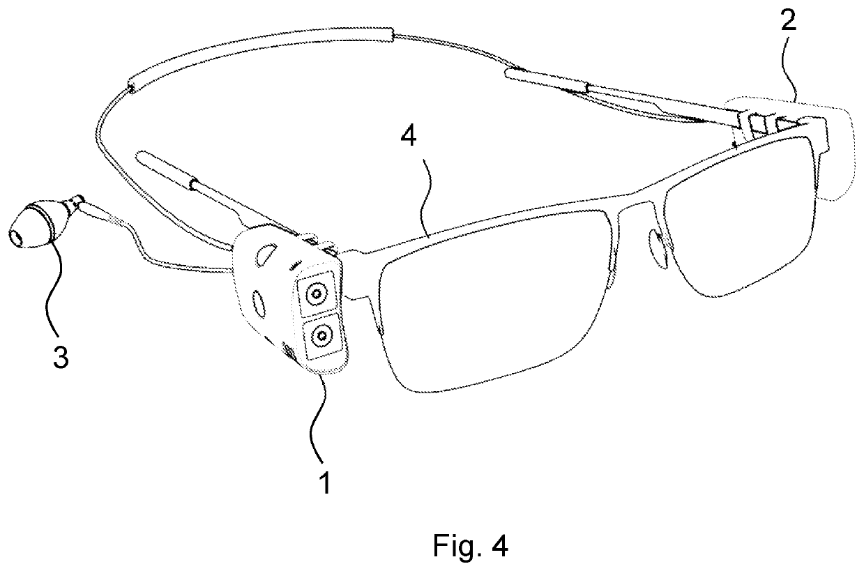 Process and wearable device equipped with stereoscopic vision for helping the user