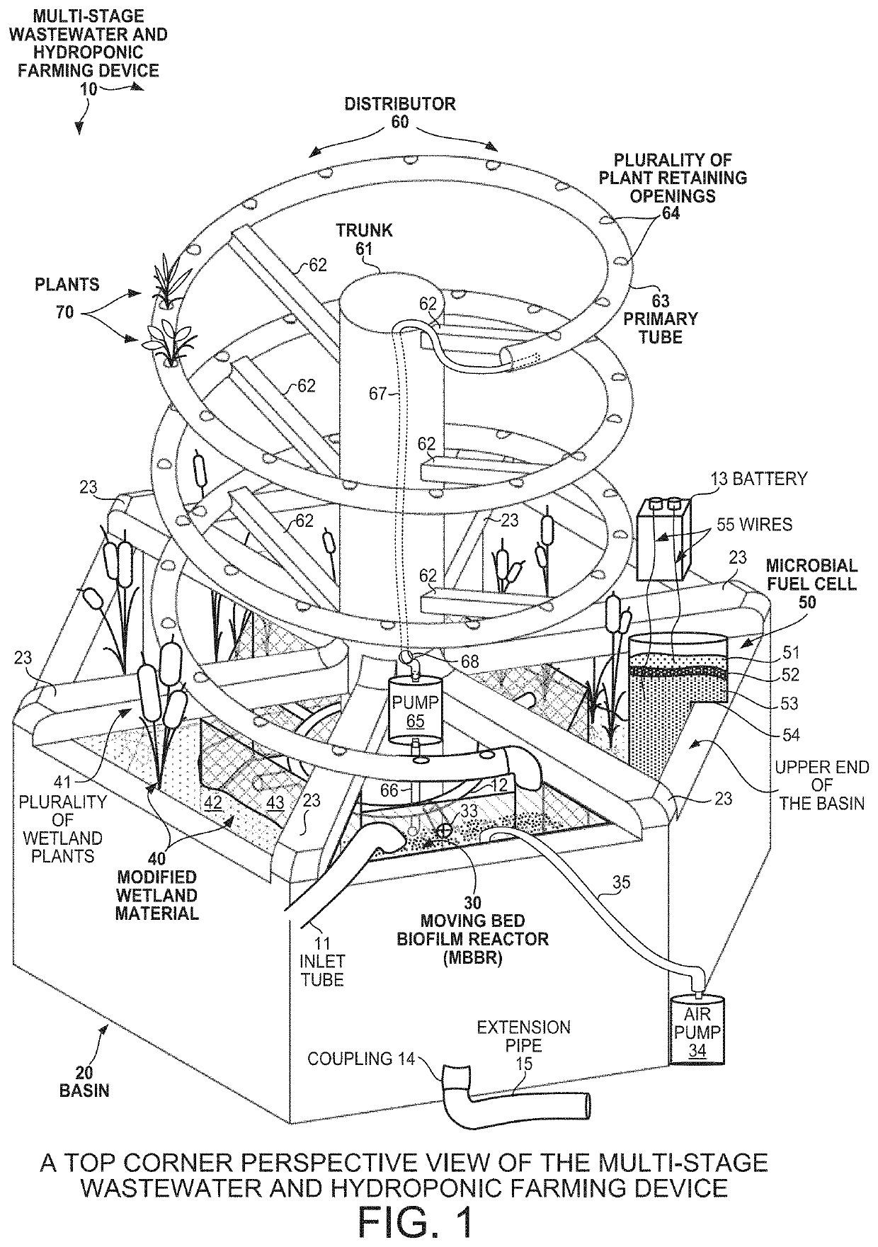 Multi-stage wastewater treatment and hydroponic farming device