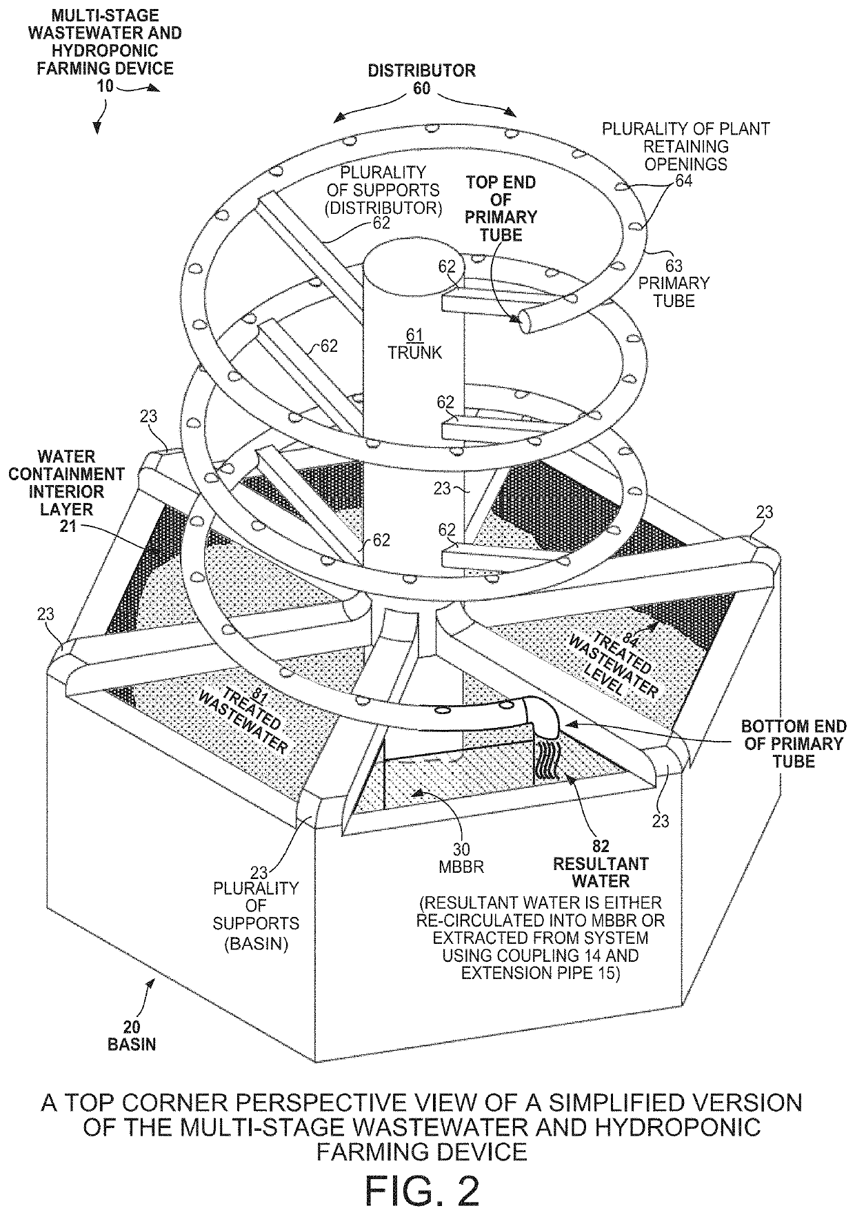 Multi-stage wastewater treatment and hydroponic farming device