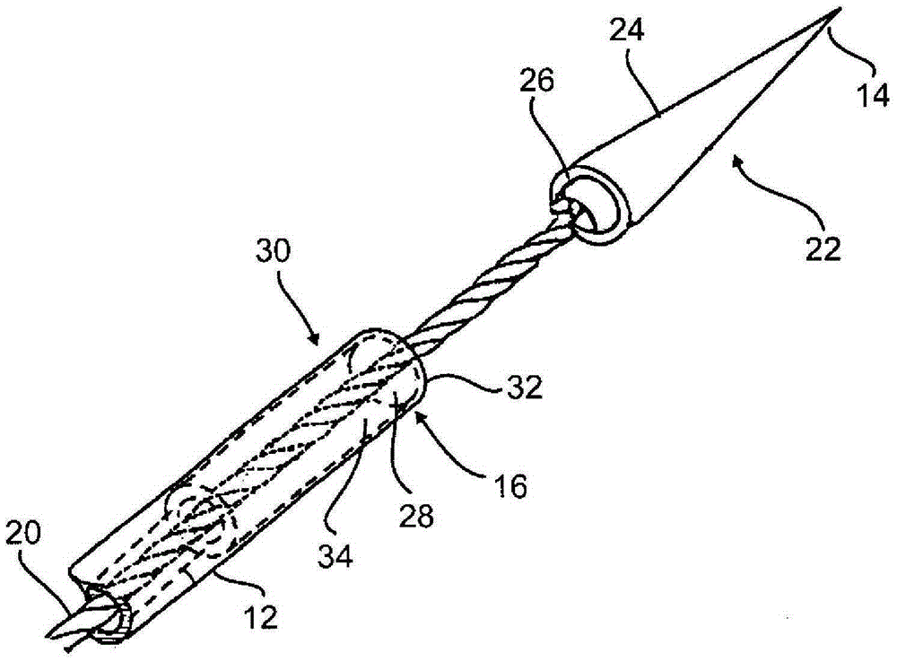 Surgical needle having a detachable tip body and a thread running inside