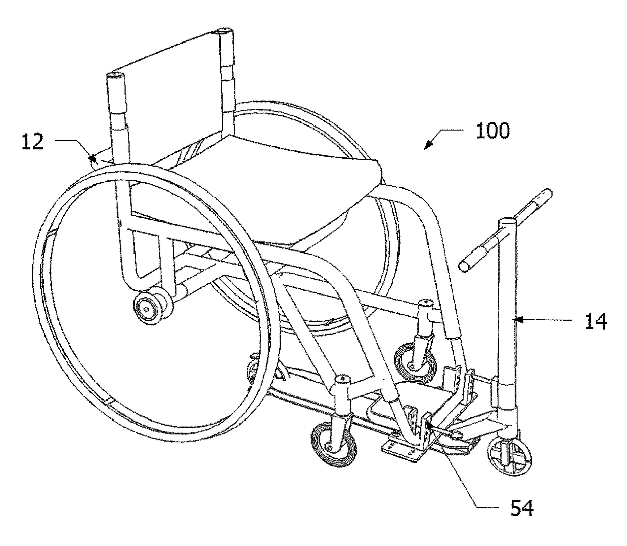 Adjustable device for attaching a manual wheelchair to a scooter