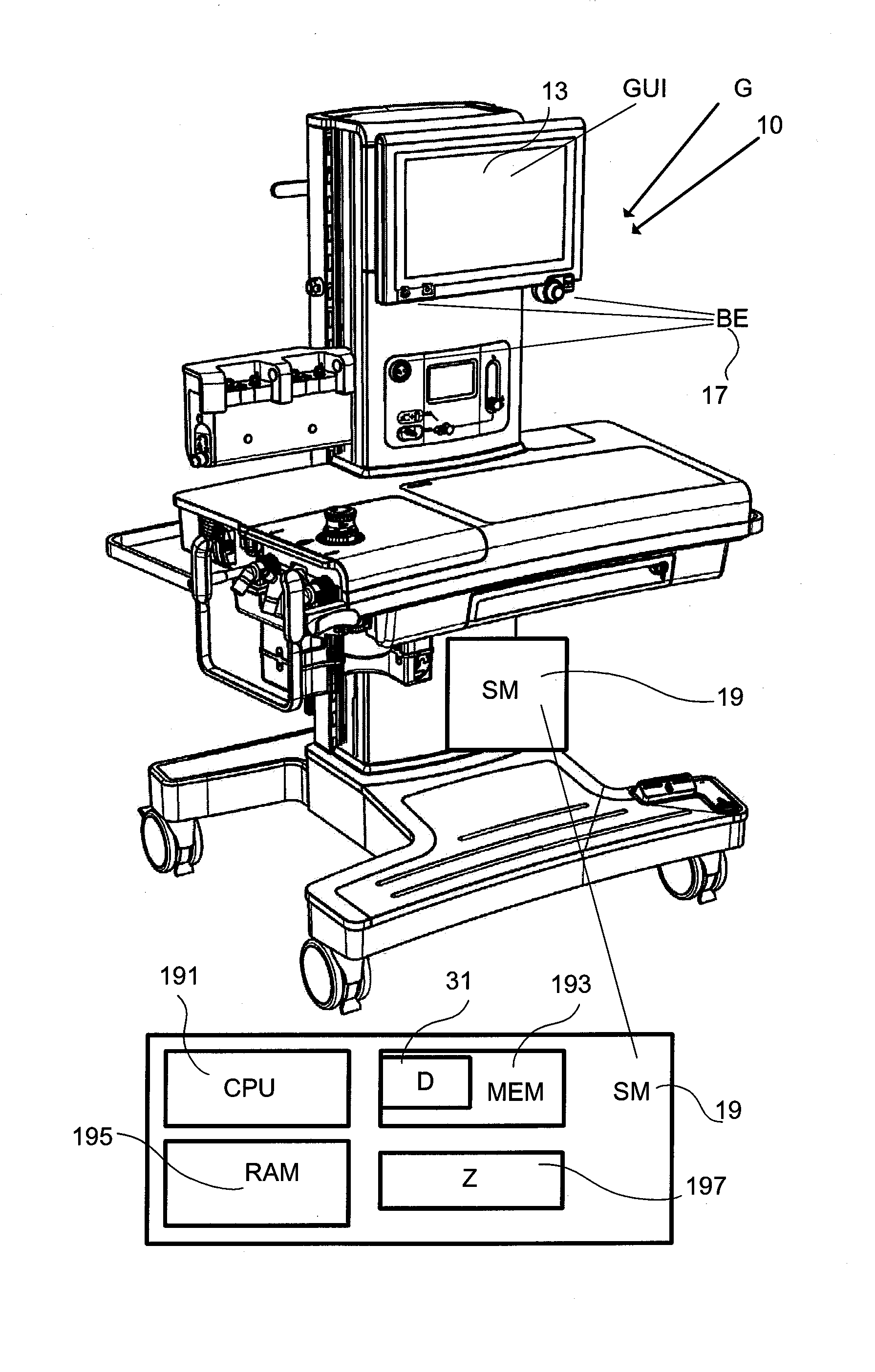 Gas analyzer, respirator or anesthesia device with operating guide