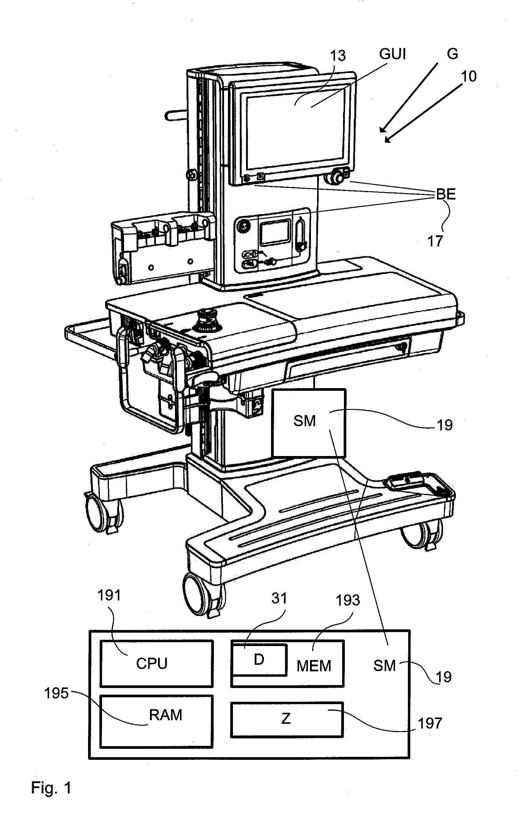 Gas analyzer, respirator or anesthesia device with operating guide