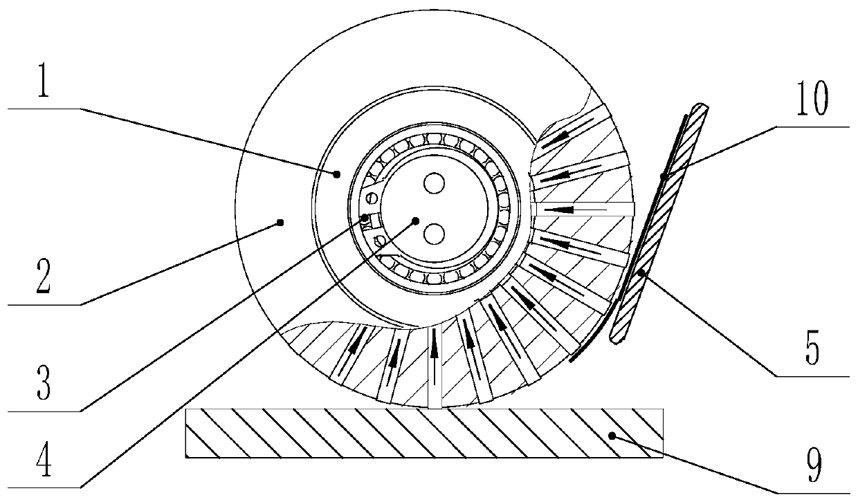 A fiber laying pressure roller capable of absorbing and blowing away carbon fiber prepreg tow and method thereof