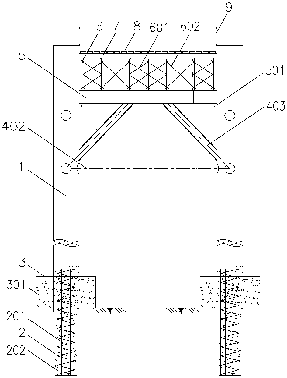 A steel trestle bridge in deep water, high flow rate, exposed high-strength steep rock sea area and its construction method