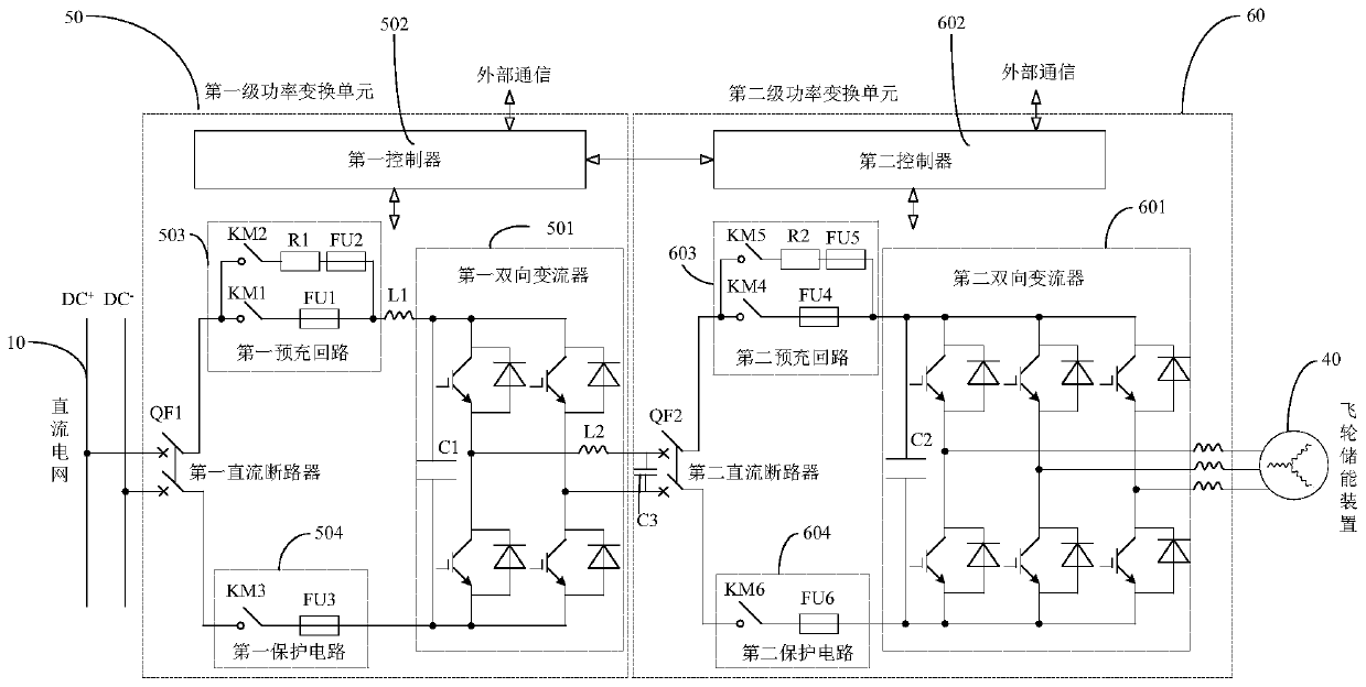 Flywheel energy storage two-stage power conversion system and control method