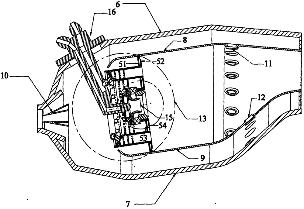 Low-emission combustion chamber with main combustible stage head part multi-point slant oil taking