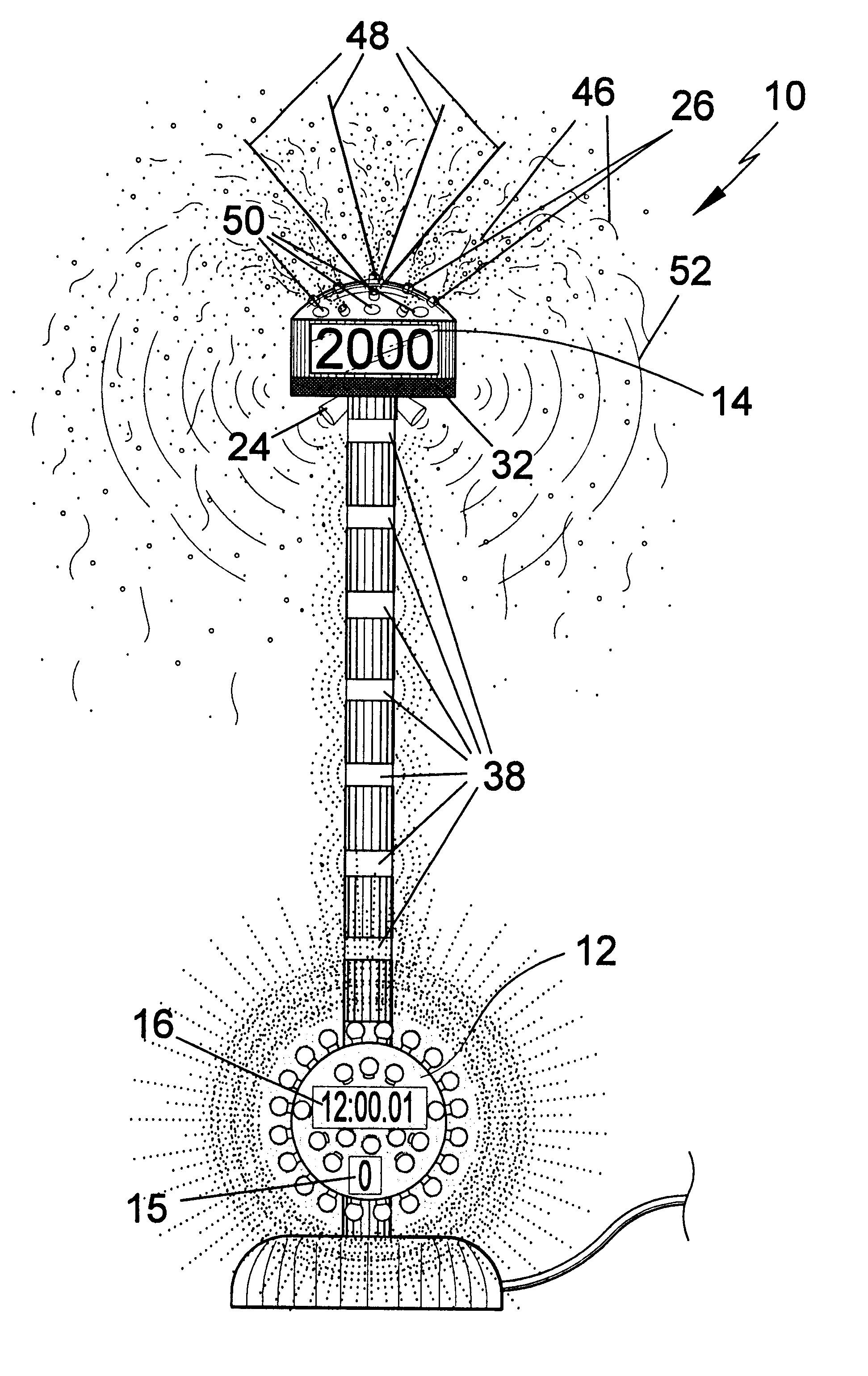 Synchronized confetti sprayer and descending illuminated ball