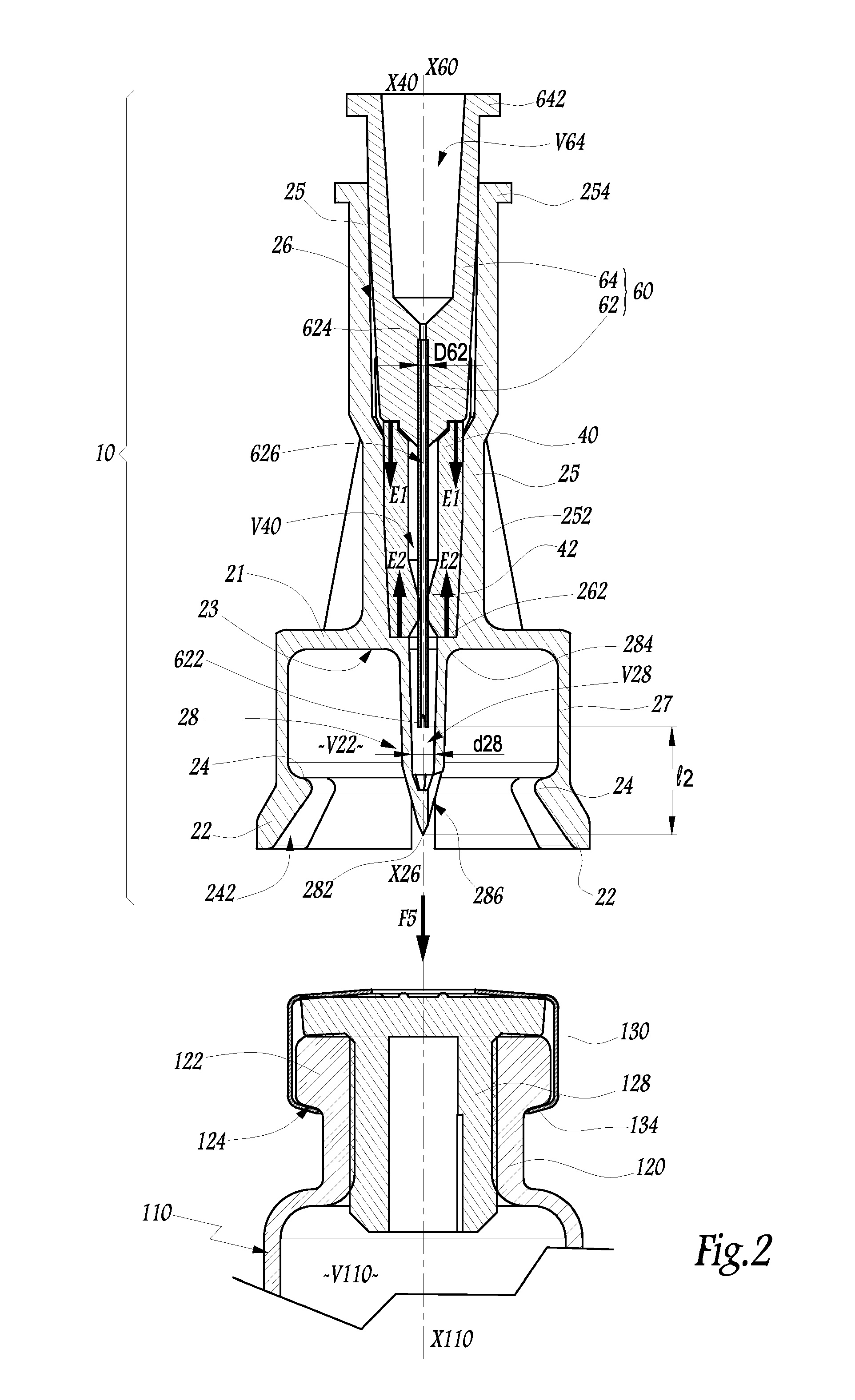 Device for connection between a recipient and a container and method for assembling and using such a device