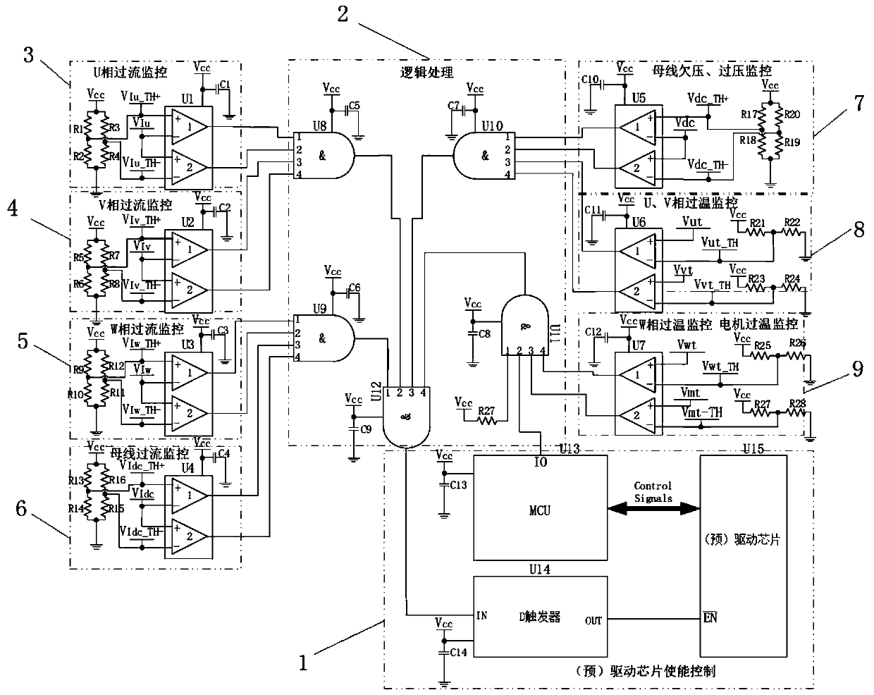 Three-phase motor drive protection circuit