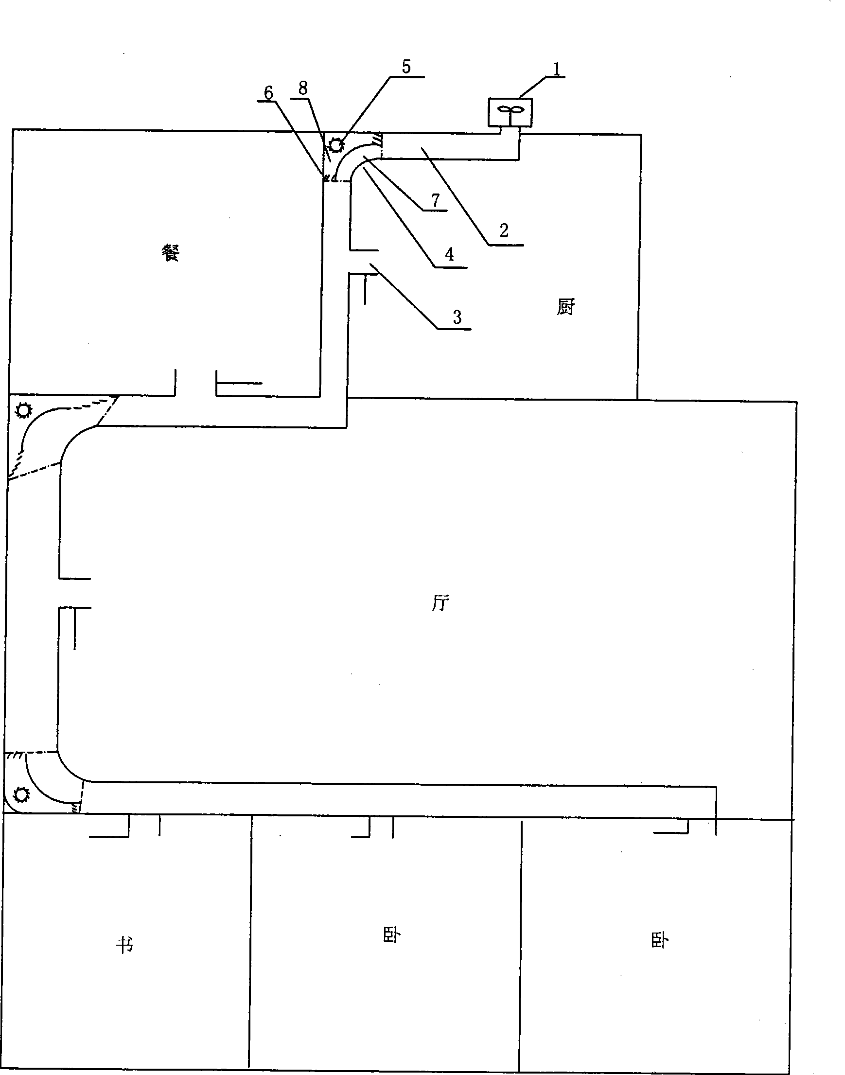 Household fresh air scavenger system with multiple duct supercharging device and the supercharging device