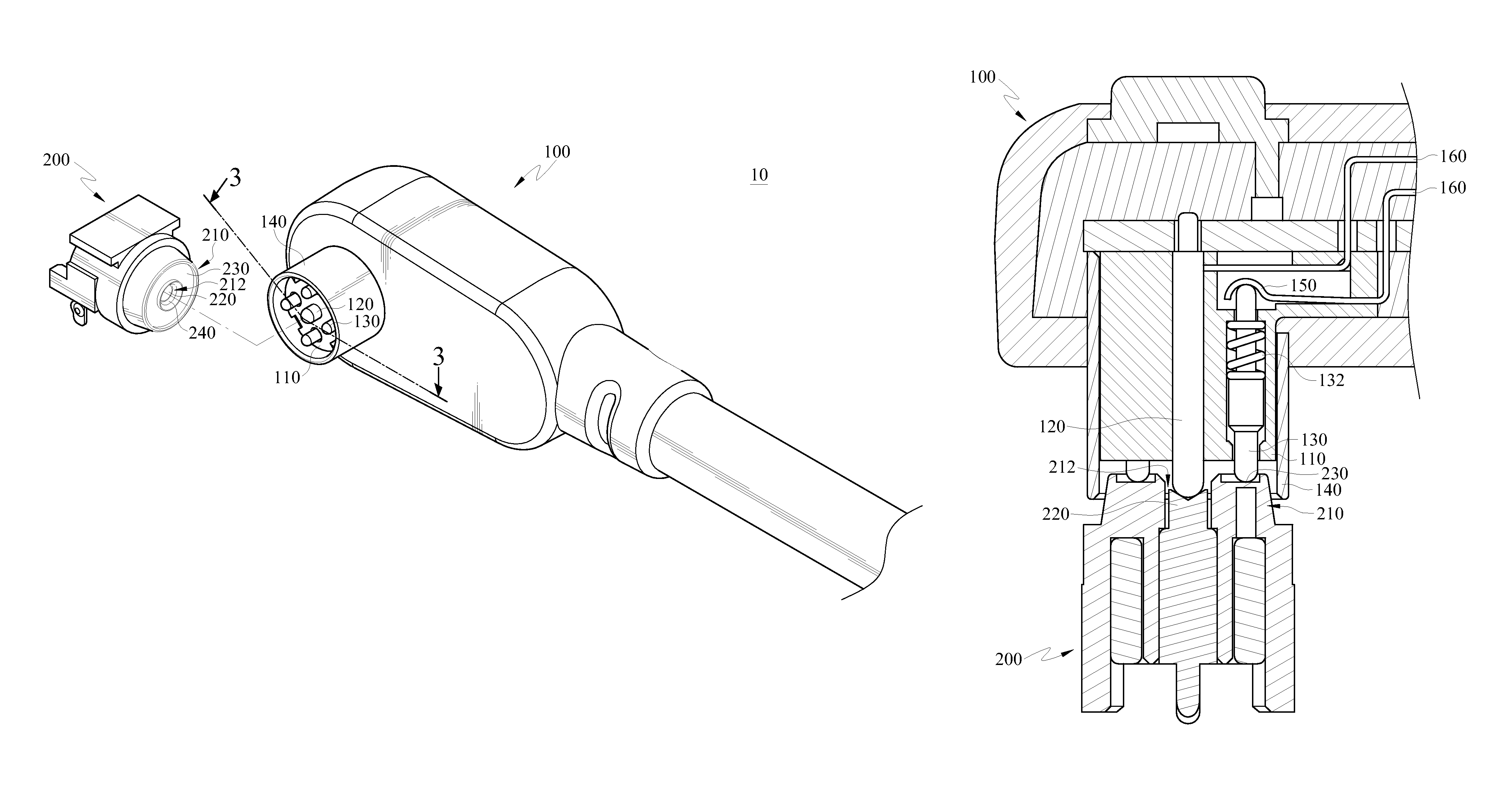 Connector module having a male connector and a female connector each having a magnetic part, a cathode contact and an anode contact