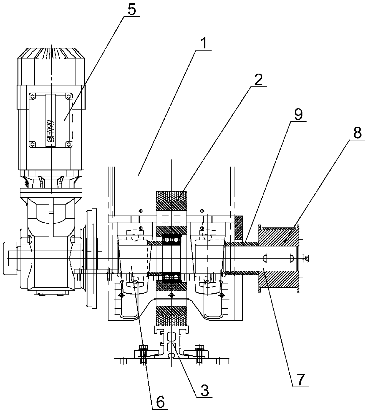 Horizontal driving mechanism for preventing traveling wheel of stacking machine from slipping