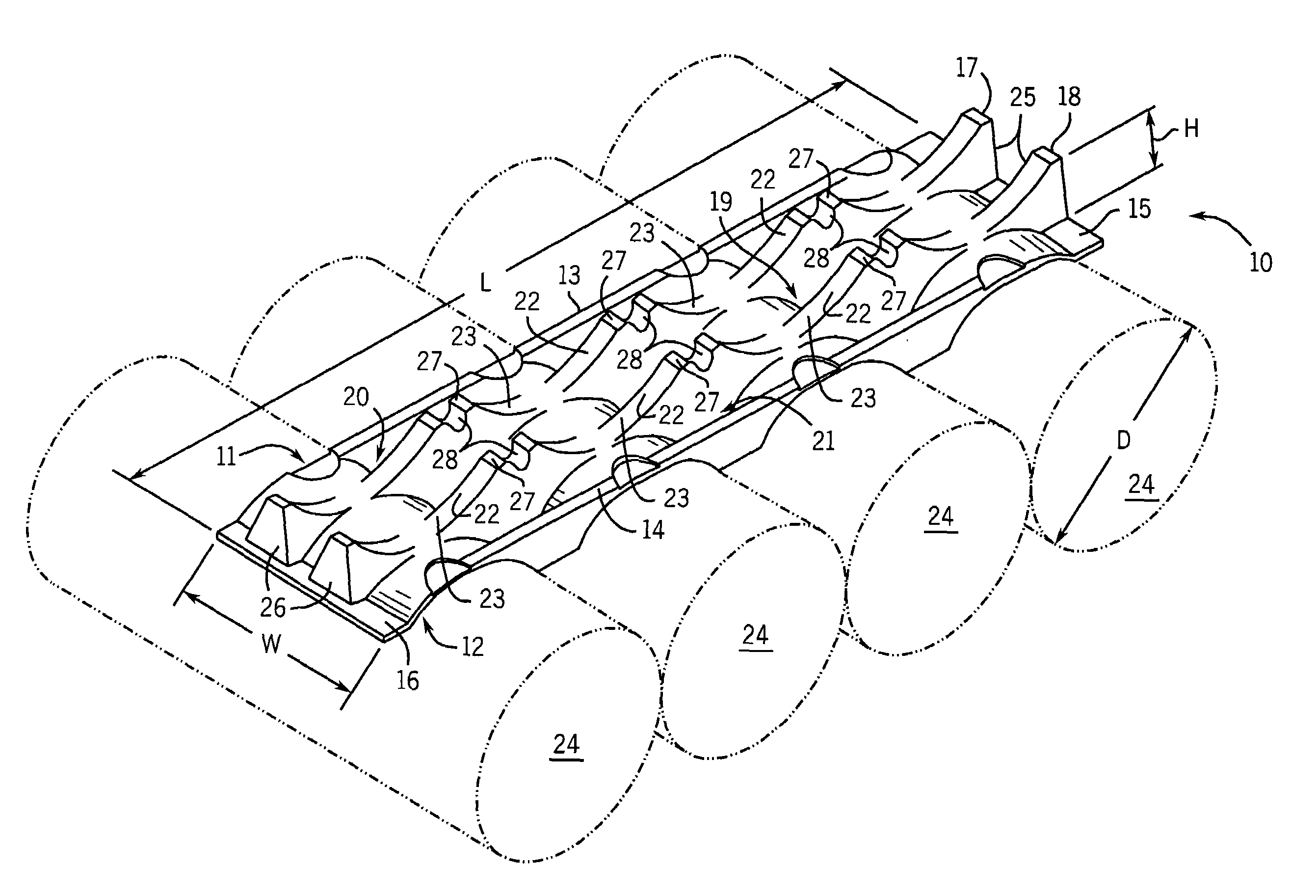 Two-sided roll support with multiple ribs