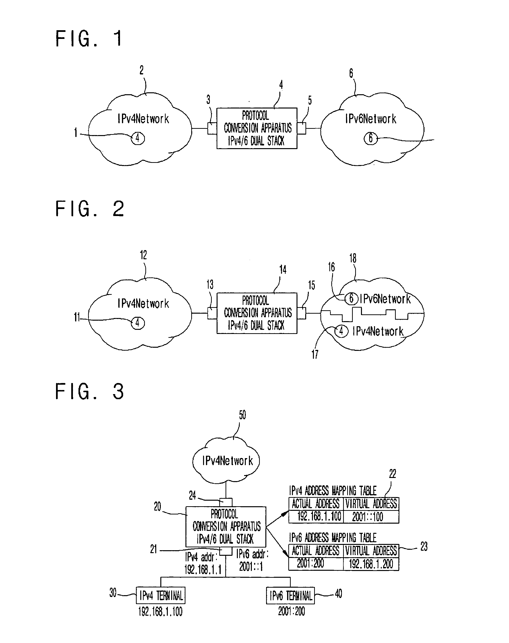 Protocol conversion apparatus and method between IPv4 terminal and IPv6 terminal or between application programs using mapping table, and method of generating mapping table of protocol conversion apparatus