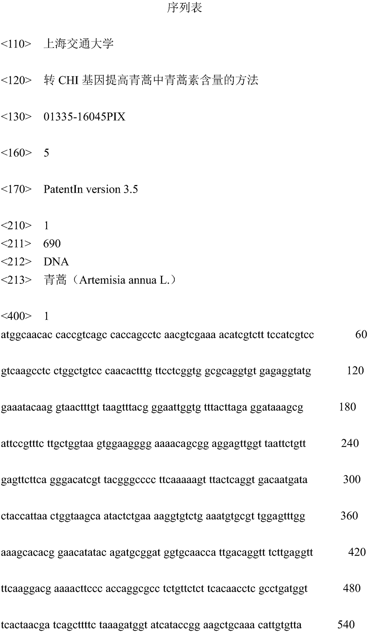 Method for increasing artemisinin content in Artemisia annua by transgenic chi gene