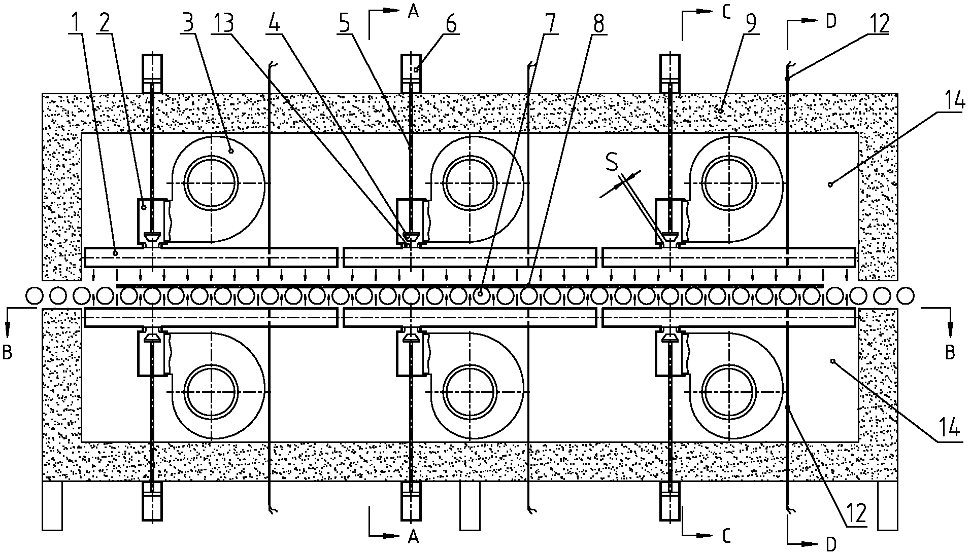 Heating device for flat glass