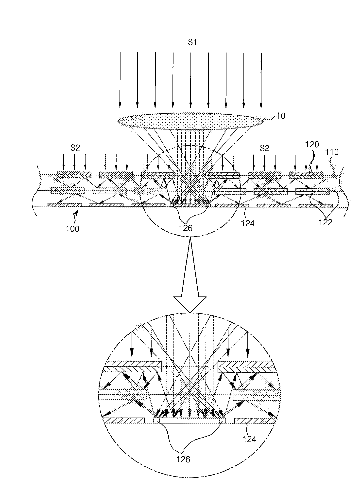 Energy concentration device of united reflection with multilevel solar cell array