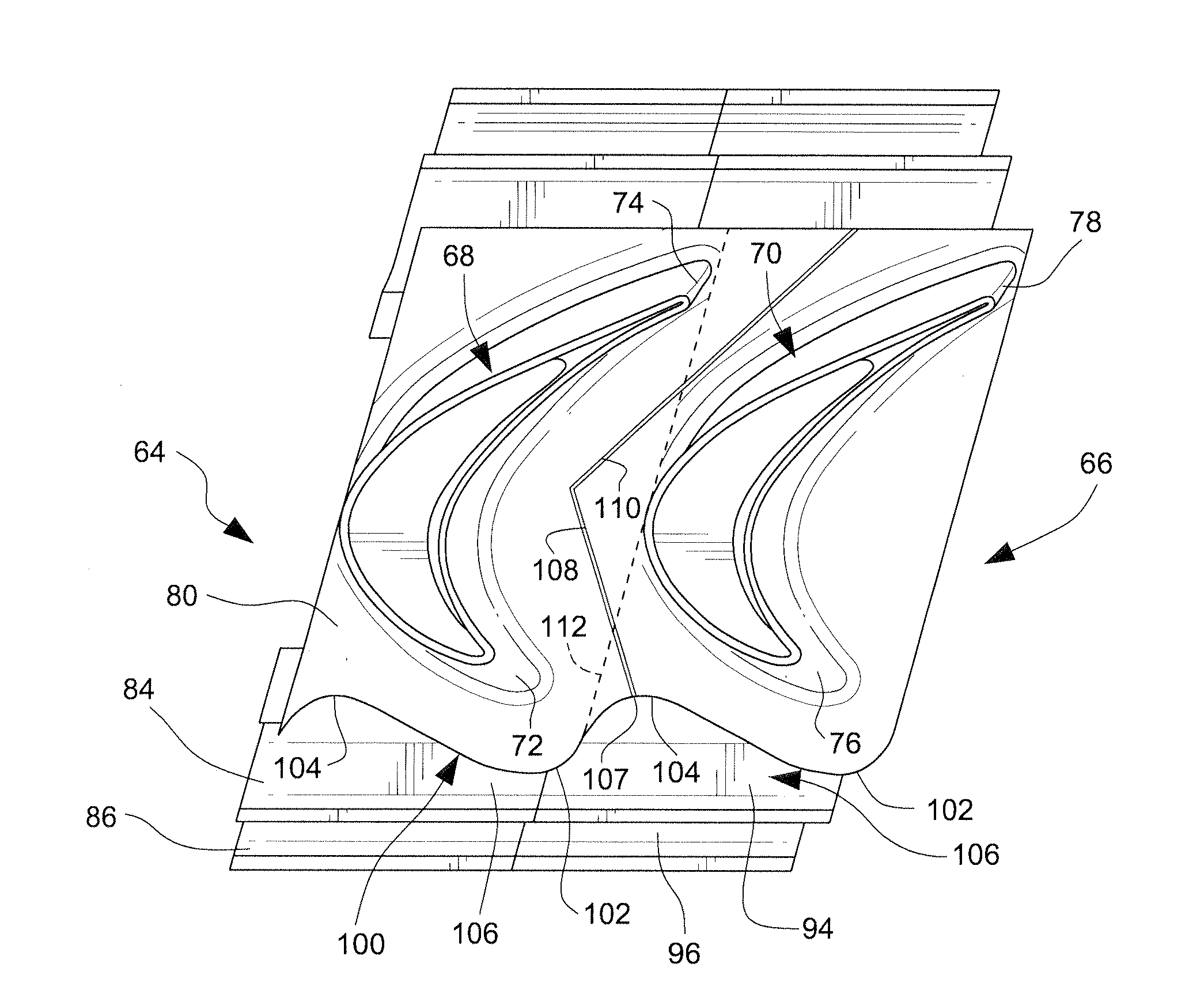 Turbine bucket platform shaping for gas temperature control and related method