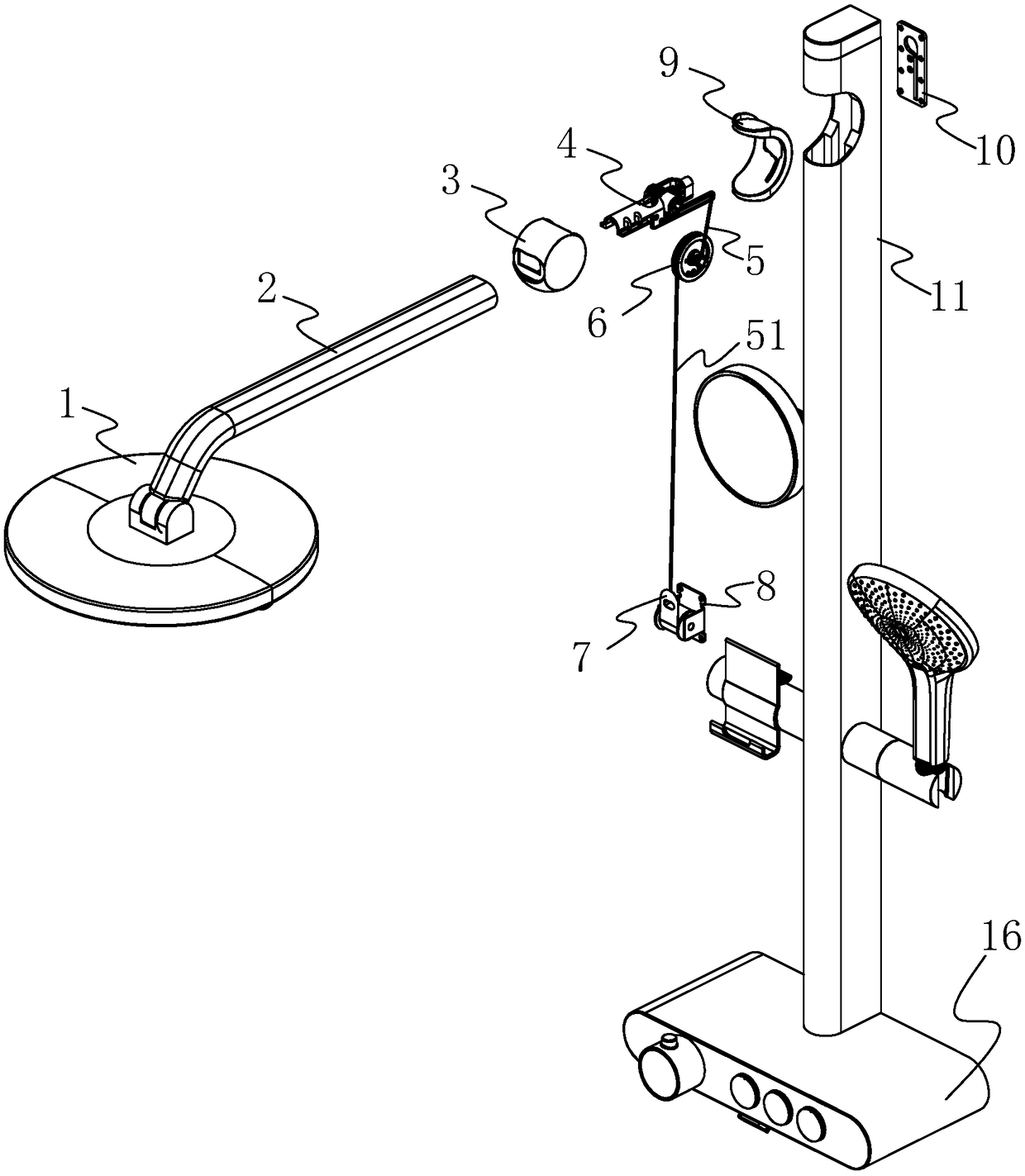 Shower with top sprinkler capable of rotating up and down