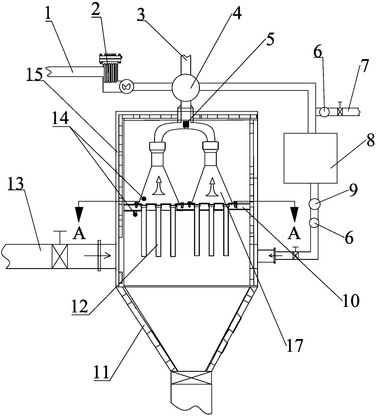 Dedusting and decoking device and method for high-tar and high-dust high-temperature gas