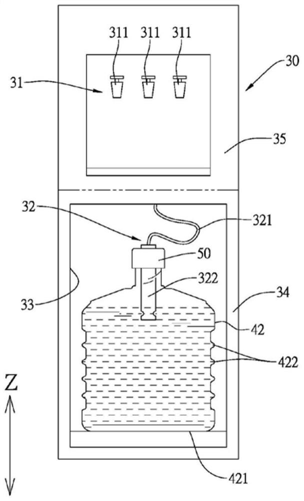 Bottom-mounted water dispenser and bottom-mounted water dispenser equipped with a shrink-wrapped bucket and method of use thereof