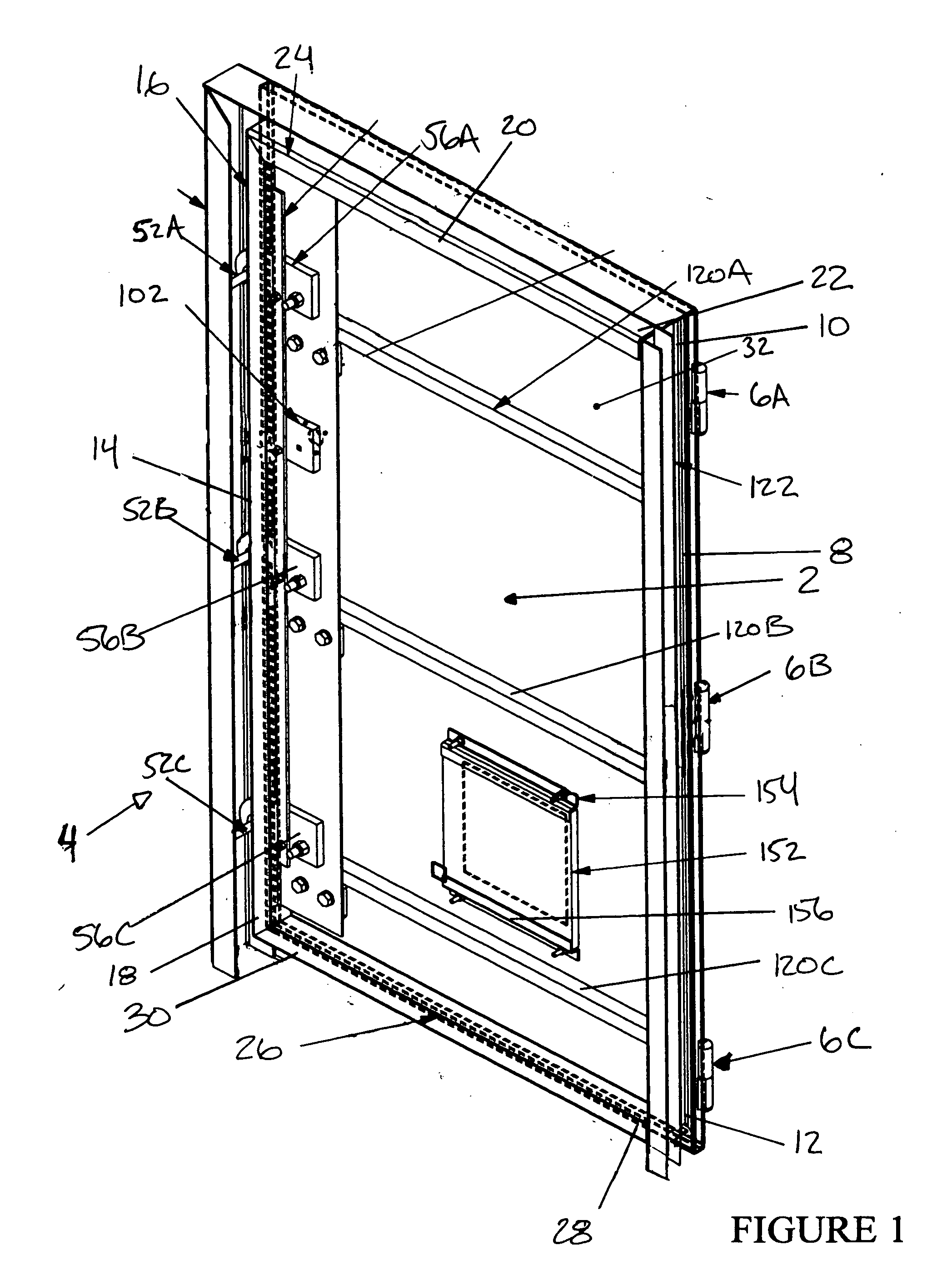 Arc resistant switchgear door and frame assembly, through the door racking system, and air cooling and ventilation system