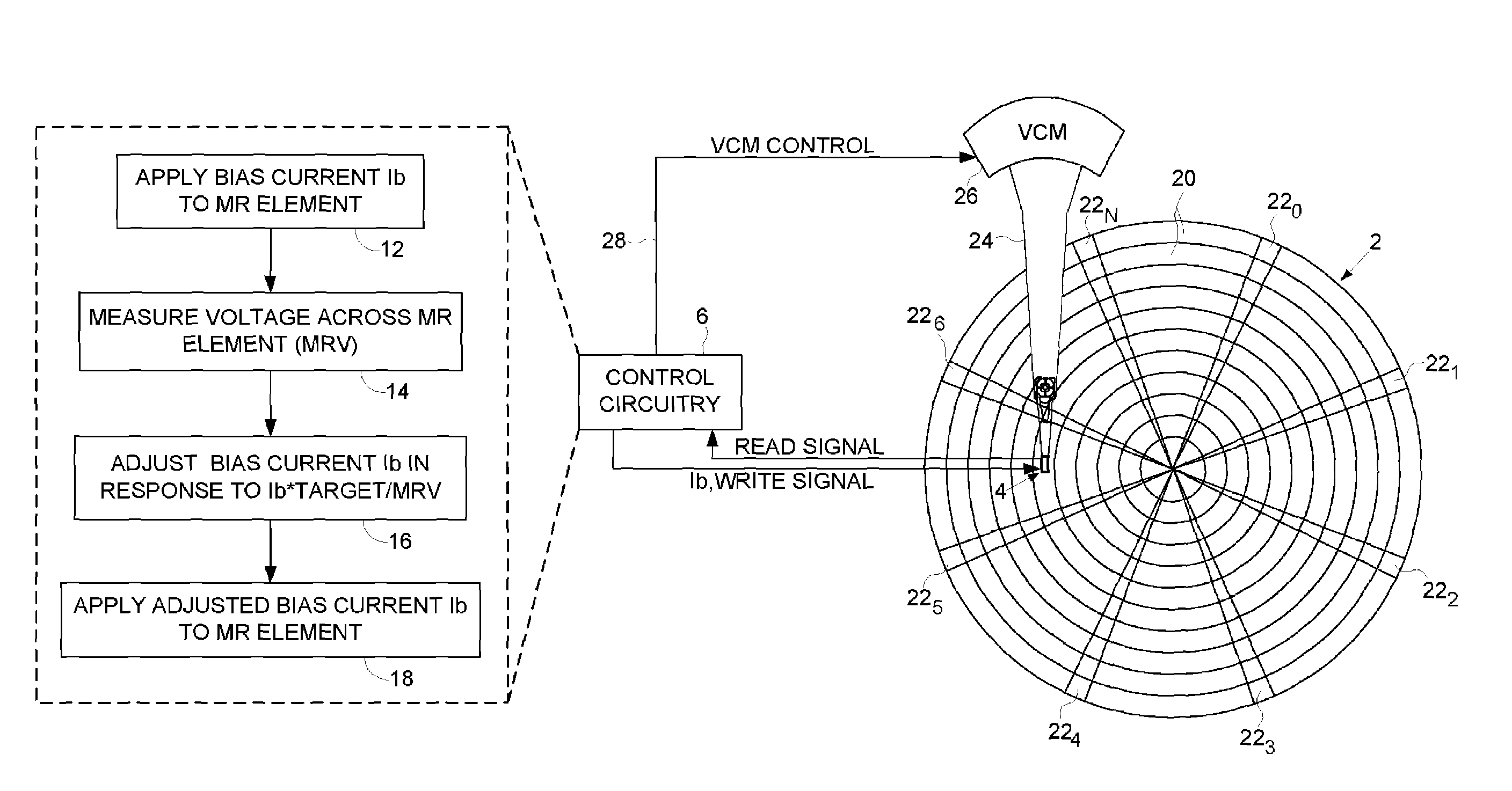 Setting an operating bias current for a magnetoresistive head using ratio of target voltage and measured voltage