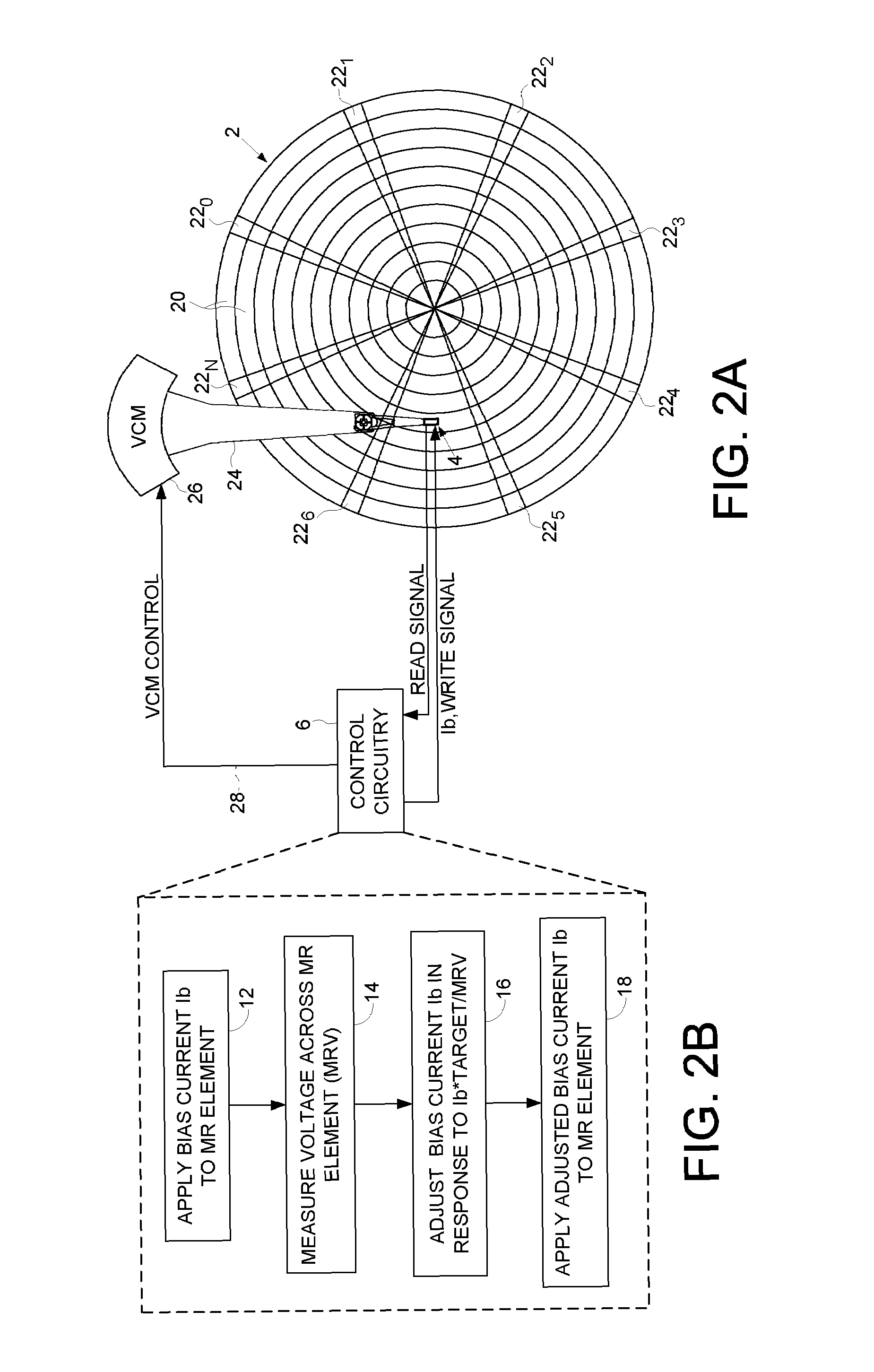 Setting an operating bias current for a magnetoresistive head using ratio of target voltage and measured voltage