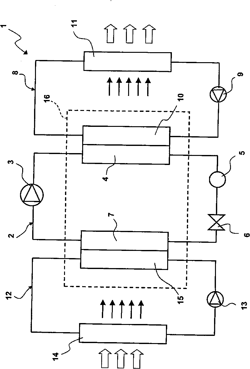 System and device comprising a combined condenser and evaporator