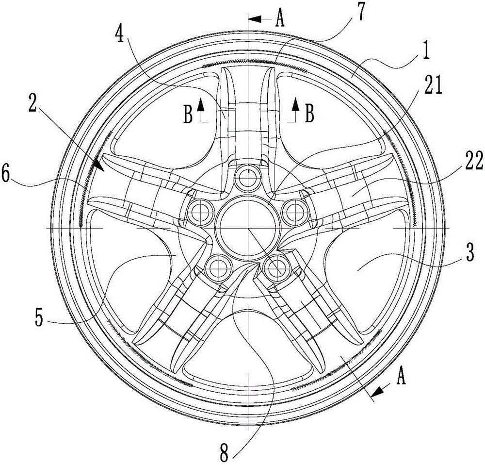 Strength reinforcing structure for asymmetrical wheel with high-ventilation holes