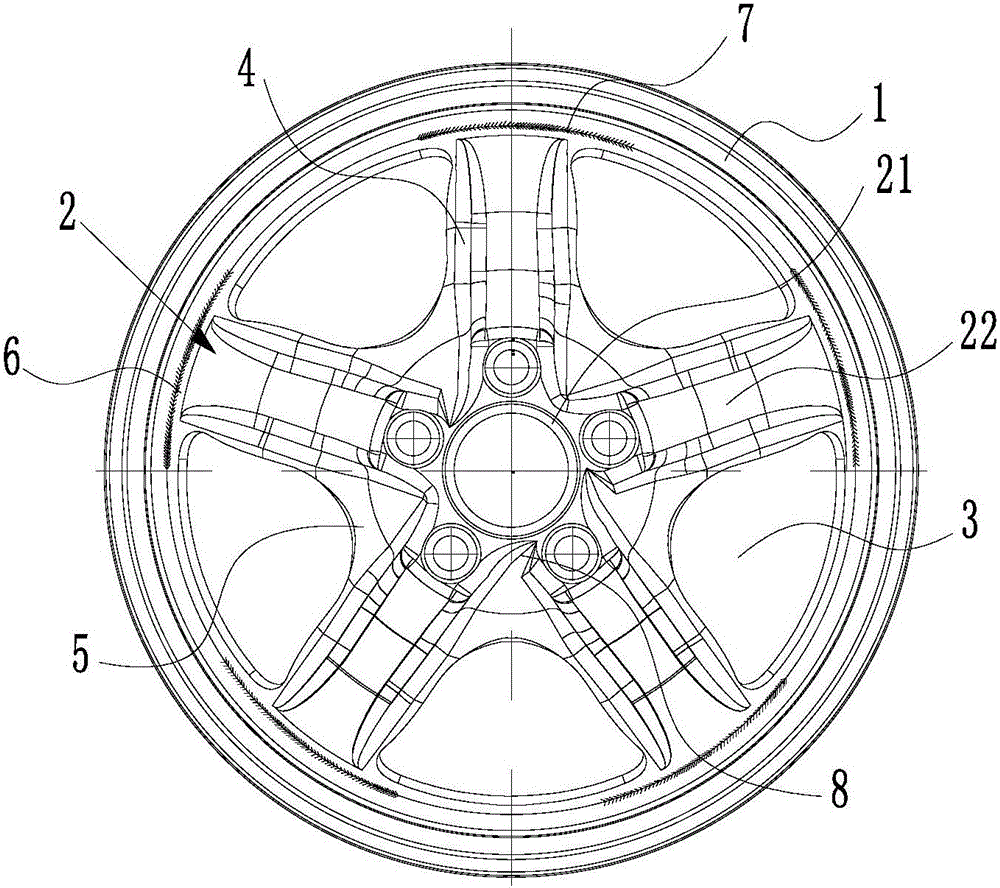 Strength reinforcing structure for asymmetrical wheel with high-ventilation holes