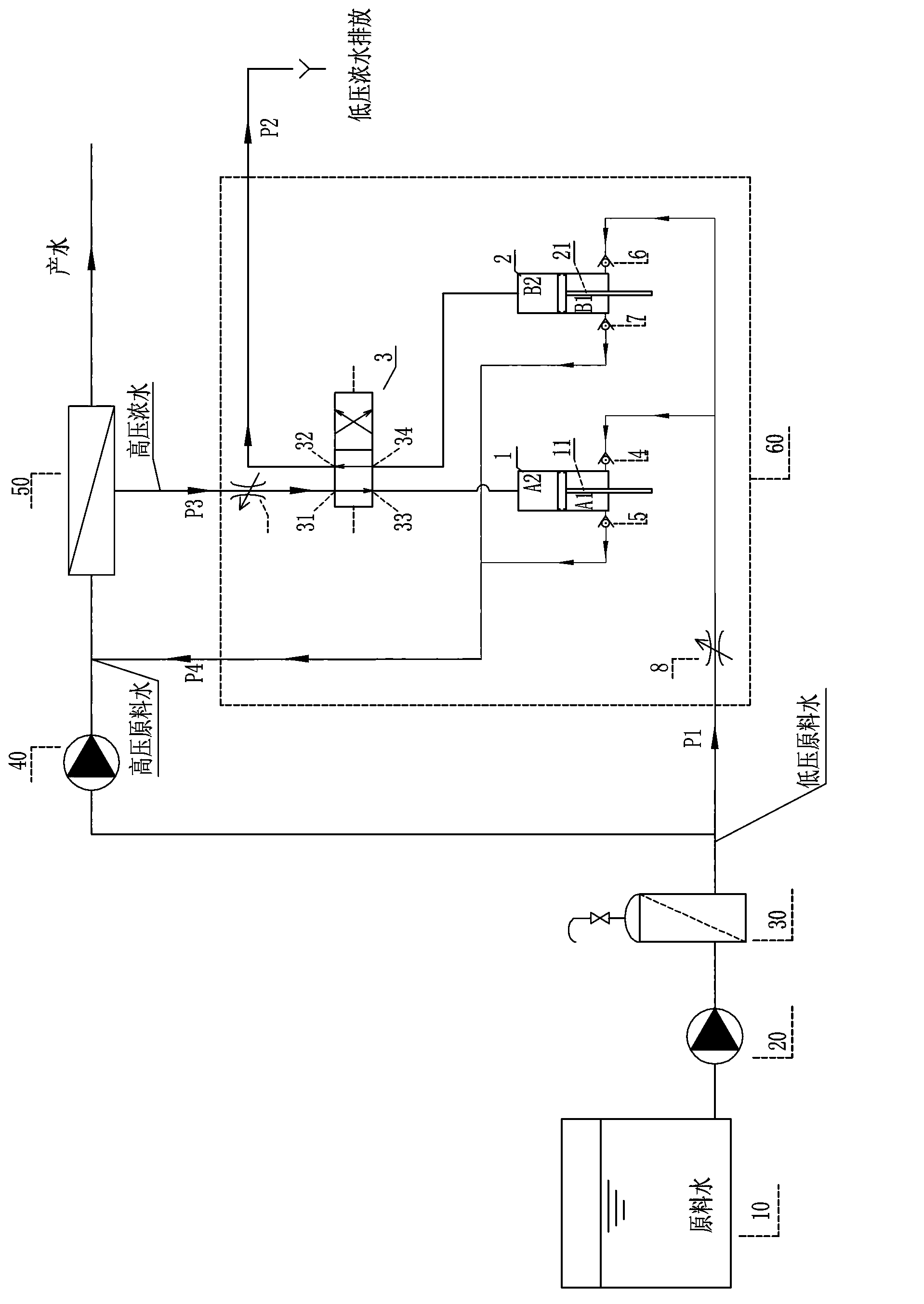 Differential pressure booster-type energy recovery device based on reverse osmosis system