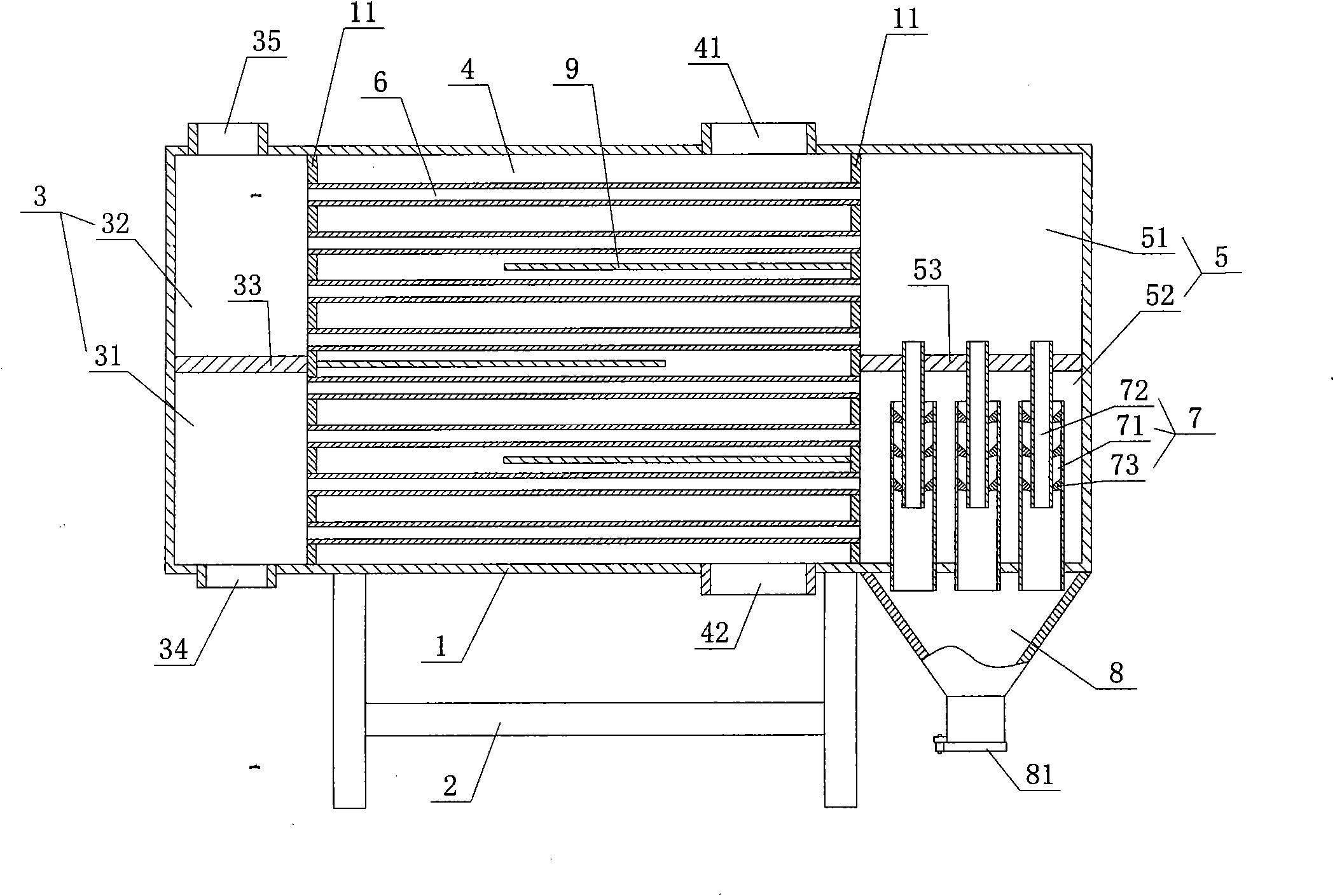 Smoke dust removing and waste heat recovering integrated box of boiler