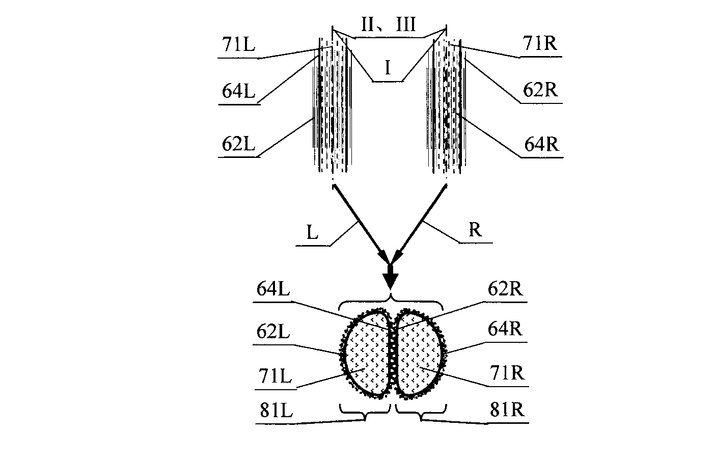 Symmetrical beam splitting filament-spreading synchronous upper-covering and lower-supporting composite yarn, spinning method and application