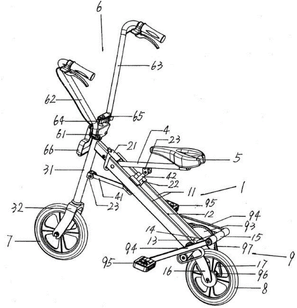 Double-beam sliding piece linkage folding up-down treading type portable bicycle