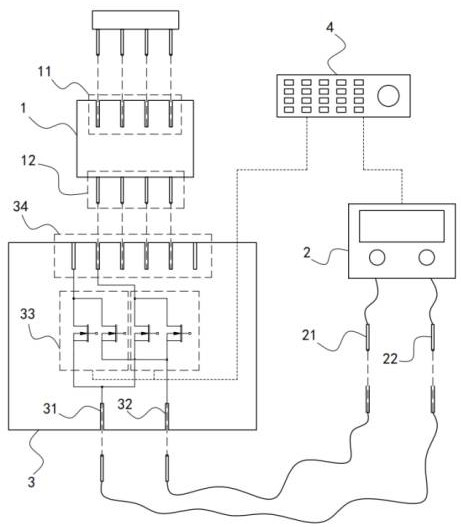 Device and assembly line for testing impedance of circuit board pins and characteristics of diodes