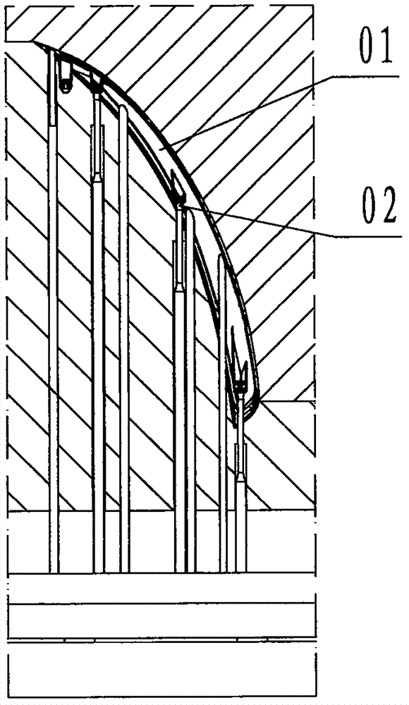 Injection molding mould for long-edge skew stud long curved sheet product