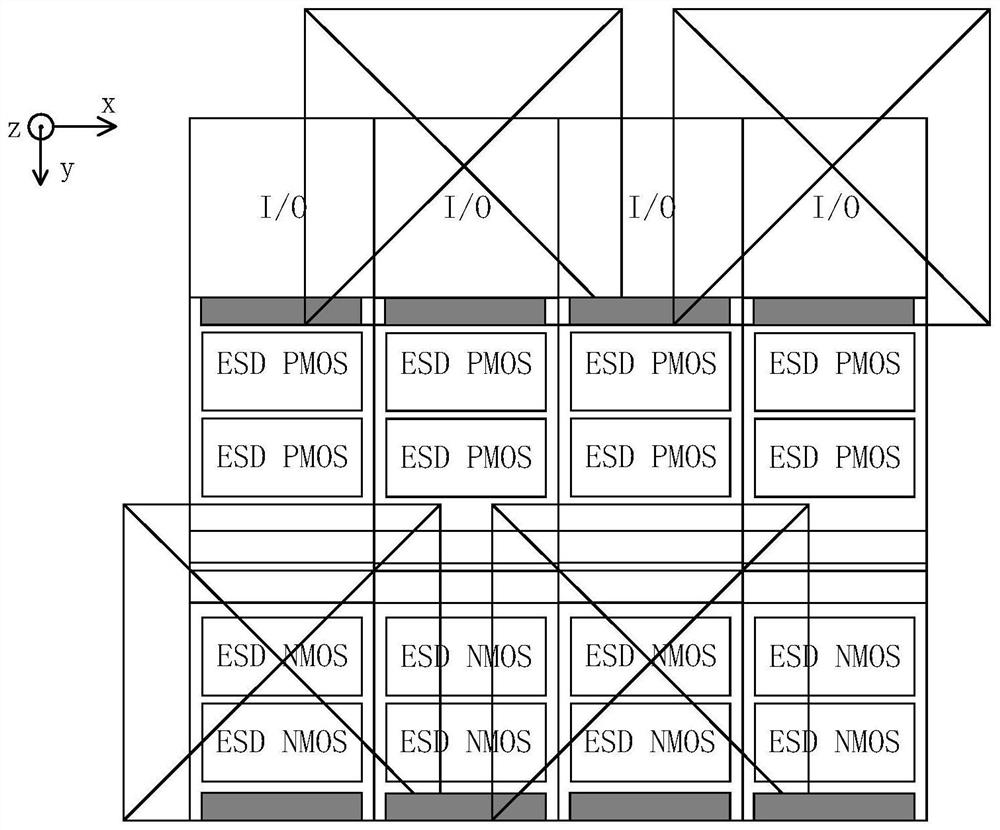 Connection structure of CMOS double-row DUP and internal ESD device