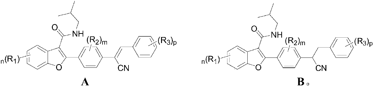 Preparation and application of 2-(4-substituted phenyl)-3-formamide benzofuranene cyanide compound